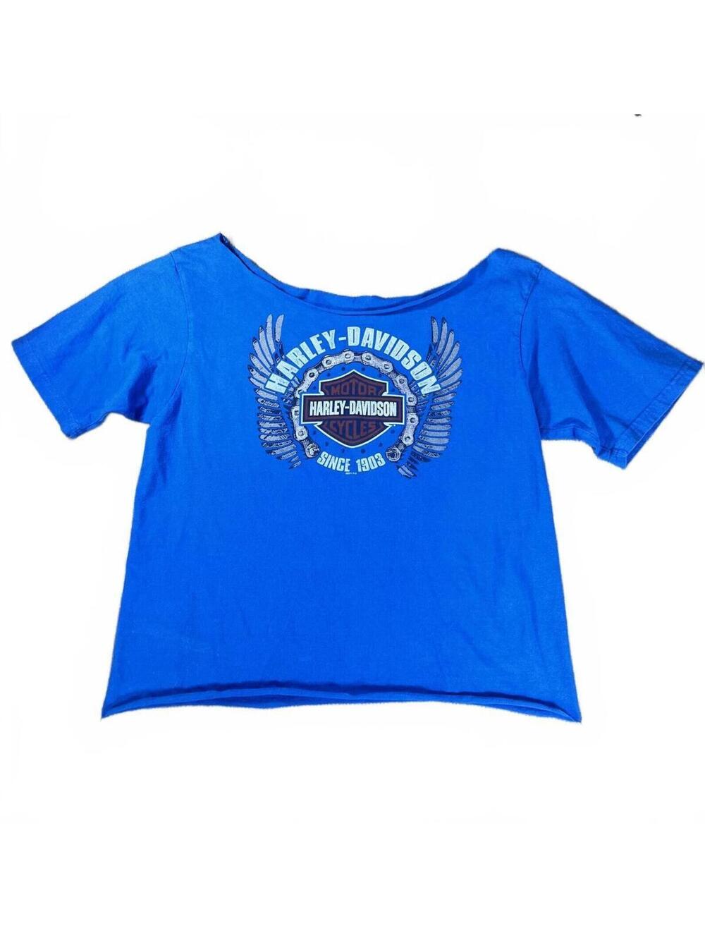 Harley Davidson London England Blue Off Shoulder Graphic T Shirt Women's L